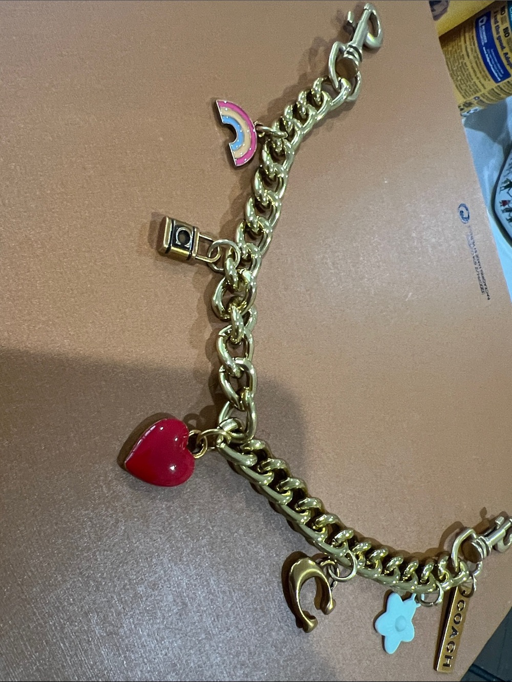 Coach Gold-Tone Charm Bracelet with Red Heart, Pastel Rainbow & Mint Flower - Picture 3 of 3